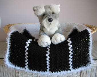 Hand-Crocheted Dog Blanket: Black Stripe with Sequin Faux Fur Trim