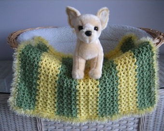 Hand-Crocheted Dog Blanket: Yellow & Moss Green Stripes, Faux Fur Trim
