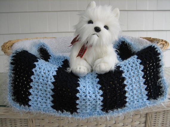 Hand-crocheted Pet Blanket: Light Blue Navy Stripe, Faux Fur Trim