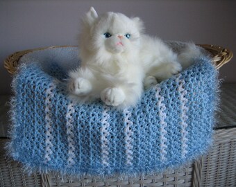Hand-Crocheted Dog Blanket: Light Blue Stripe, Faux Fur Trim (20x20)