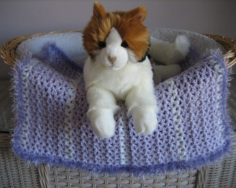 Hand-Crocheted Dog Blanket: Lavender & White Stripes, Faux Fur Trim (20" x 20")