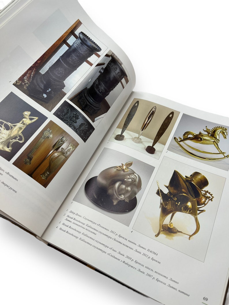 May include: A collection of bronze sculptures, including a rocking horse, a whimsical figure with a top hat, a stylized bird, and a vase. The sculptures are displayed on a white background.
