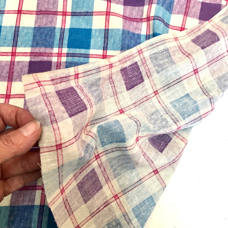 VINTAGE 70s FABRIC, lightweight cotton, plain weave, a bit like cheesecloth, Dress fabric, Sewing retro cotton check