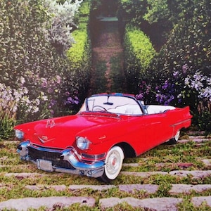 Retro auto badge convertible Red car brooch Wooden car jewellery Funky auto pin Big red car Auto accessory Red retro car badge