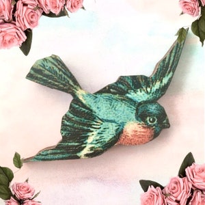 Blue bird wood brooch Nature pin Wooden jewellery lapel pin Vintage style jewellery Gift for her Beautiful bird fashion accessory