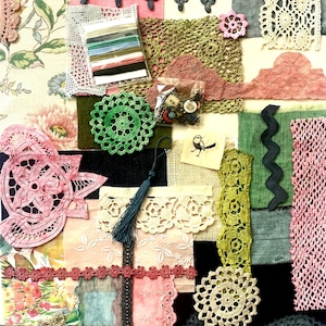 Mixed media fabric pack,20+ pces, Blues/Pinks/Neutrals, Hand dyed Cottons Laces Upcycled, Slow stitching, Patchwork collage Art journal #40