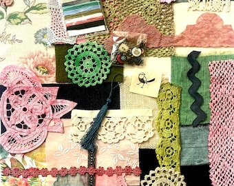Mixed media fabric pack,20+ pces, Blues/Pinks/Neutrals, Hand dyed Cottons Laces Upcycled, Slow stitching, Patchwork collage Art journal #40