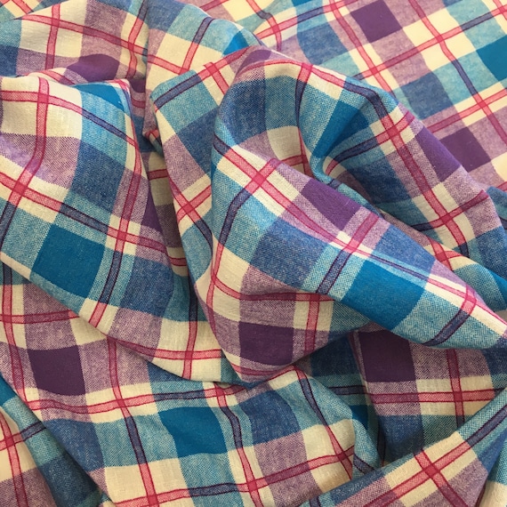 VINTAGE 70s FABRIC, lightweight cotton, plain weave, a bit like cheesecloth, 5mts x 90cms wide, Dress fabric, Sewing retro cotton check