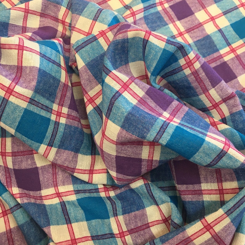 VINTAGE 70s FABRIC, lightweight cotton, plain weave, a bit like cheesecloth, Dress fabric, Sewing retro cotton check