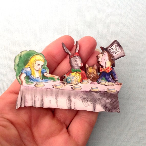Alice in Wonderland Pin Mad Hatter Tea party Antique Bronze Brooch 