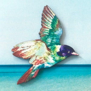 Bird brooch Nature badge Bird in flight jewellery Colourful wooden pin Bird lover lapel pin Nature gift for her