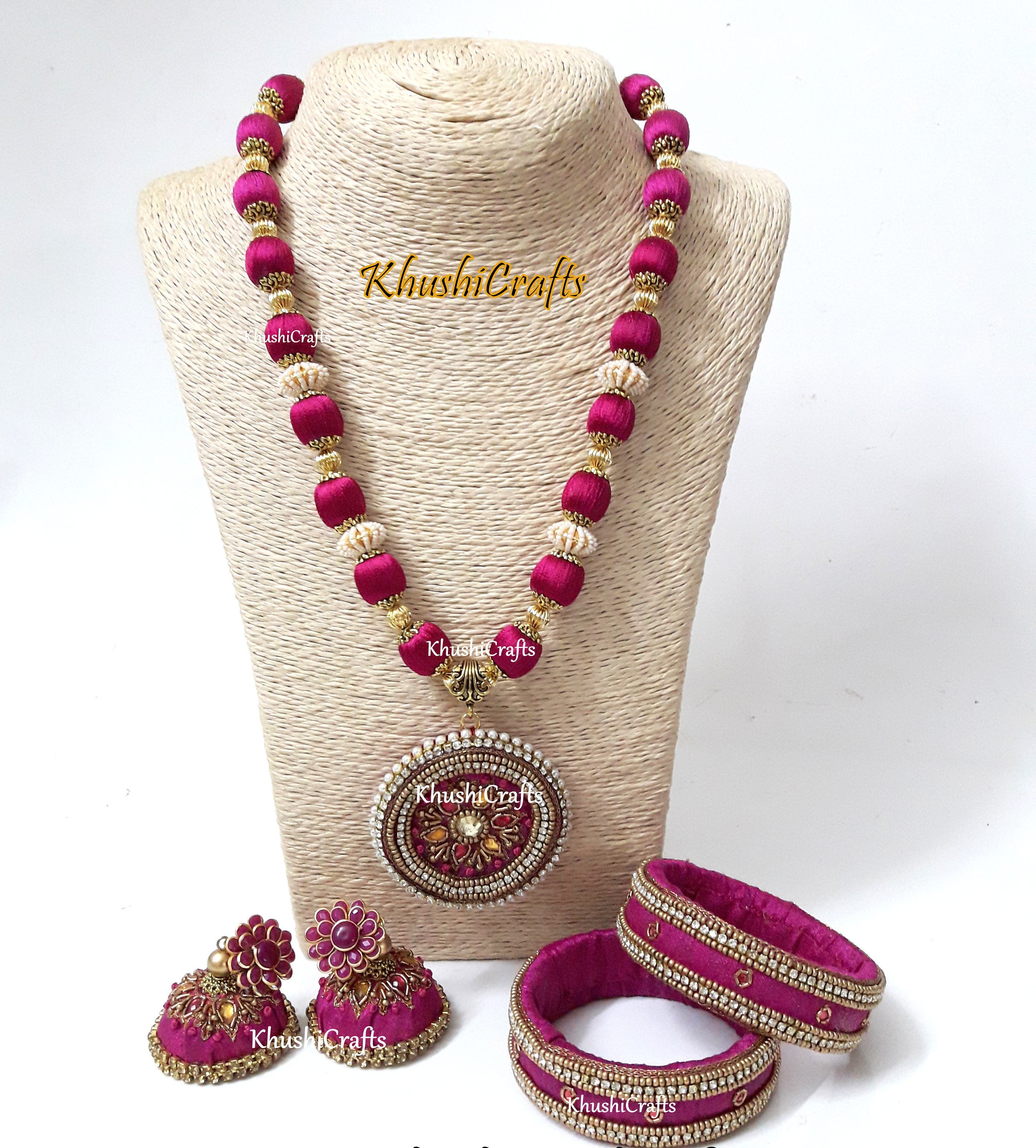 Pink Raw Silk/Silk Thread Jewelry Set with Jhumkas and Etsy