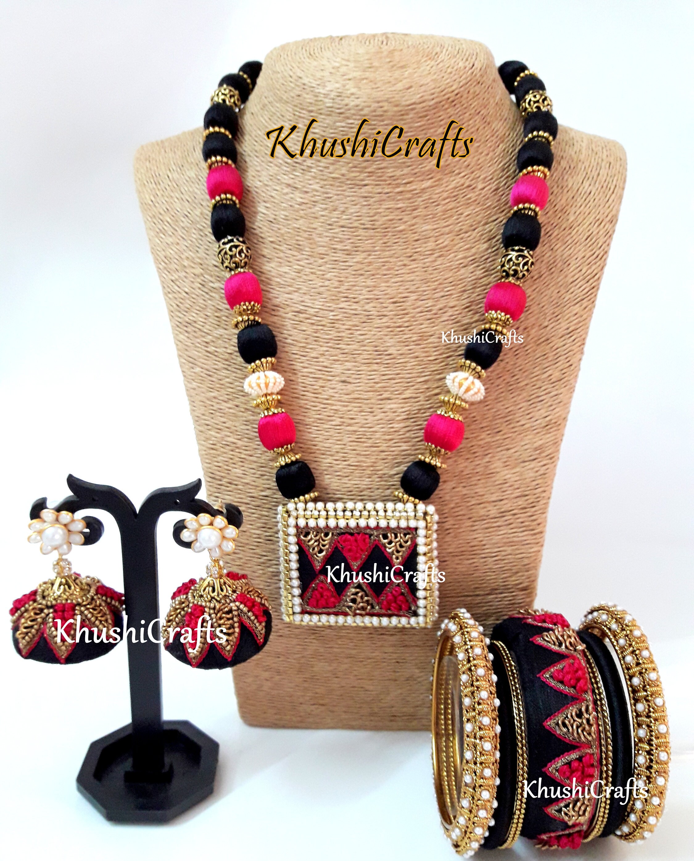 Pink and Black Raw Silk/Silk Thread Jewelry Set with Jhumkas Etsy