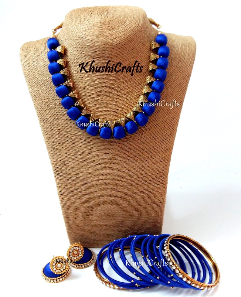 Handmade Indian Necklace Jewelry Blue Silk Thread Jewelry Set with Jhumkas and matching bangles