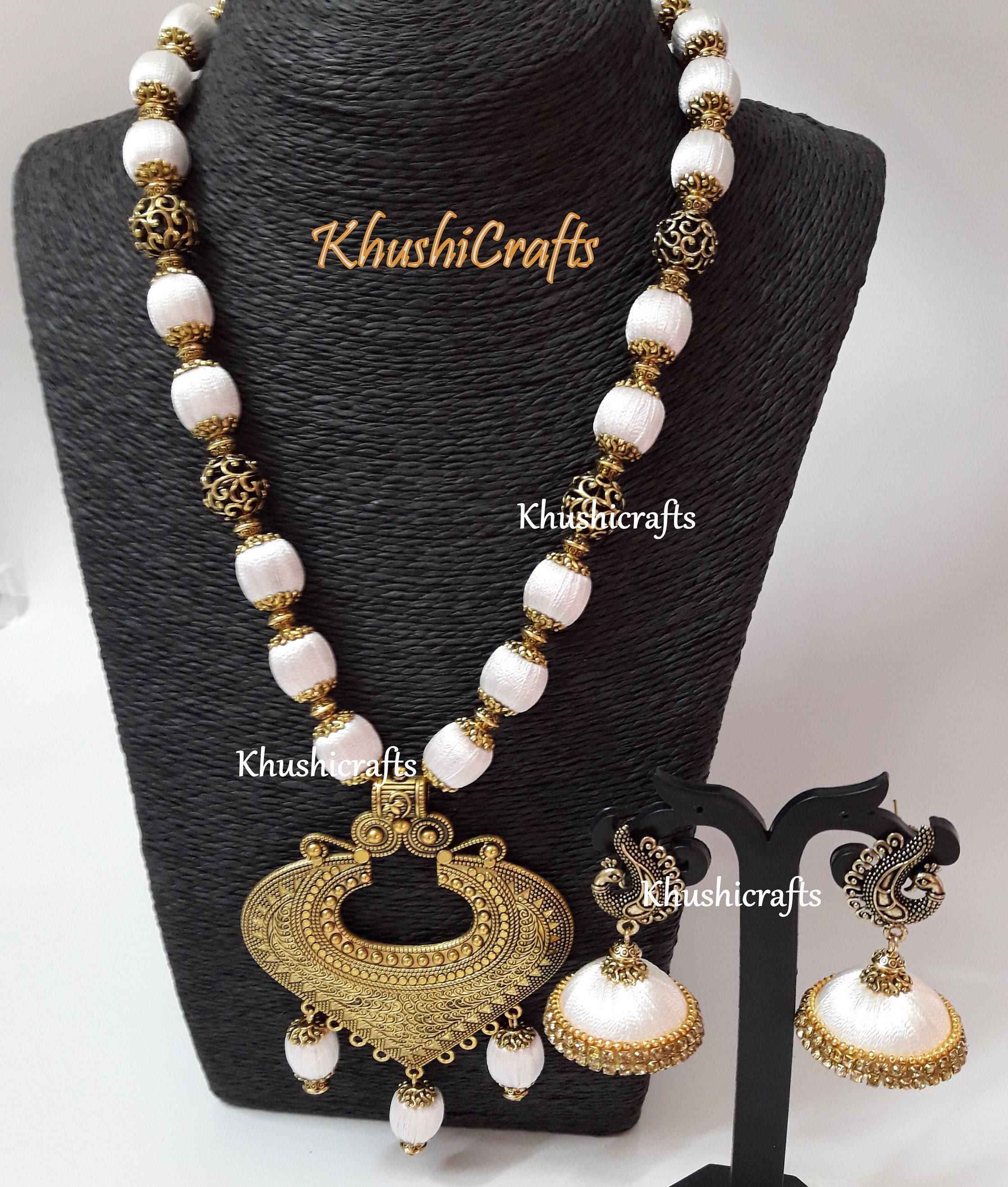White shaded Silk thread Jewelry with designer PendantIndian Etsy