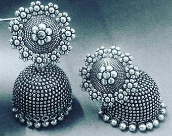 German Silver Jhumkas,Oxidized Silver jhumka, German Silver Metal choker,Bollywood Earrings