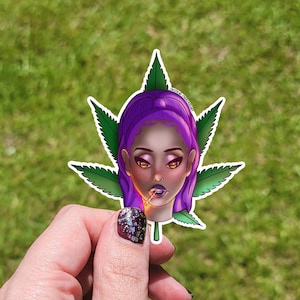 Stoner Girl sticker~ Lady Sativa die cut, waterproof, laminated, dishwasher safe decal for rolling tray, water bottle, comes with free gift