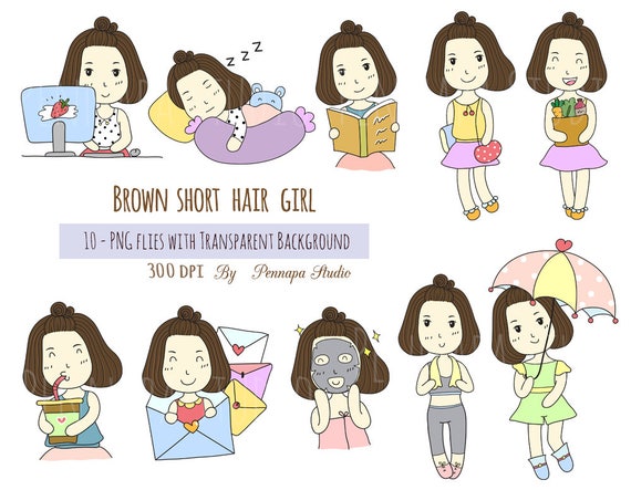 Brown Short Hair Girl Clipart Digital Planner Clipart Instant Download