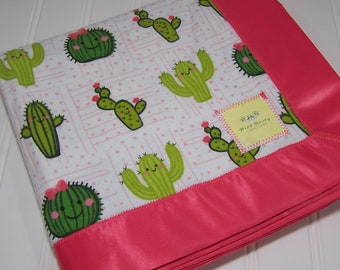 Cactus Kawaii Cacti Succulent Cotton Flannel Receiving Blanket with Satin Trim 40x40 for Nursery Infant/Toddler/Baby Shower Gift
