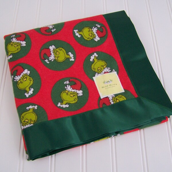 Dr Seuss Grinch Christmas Cotton Flannel Receiving Blanket with Satin Trim 40x40 Nursing Cover Nursery Infant/Toddler/Baby Shower Gift