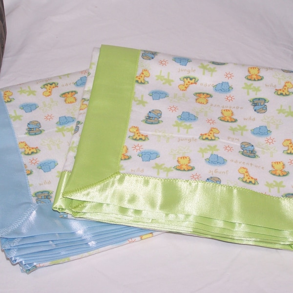 Safari Giraffe Hippo Tiger Infant/Toddler/Baby Cotton Flannel Blanket with Satin Trim 42x42 Boy