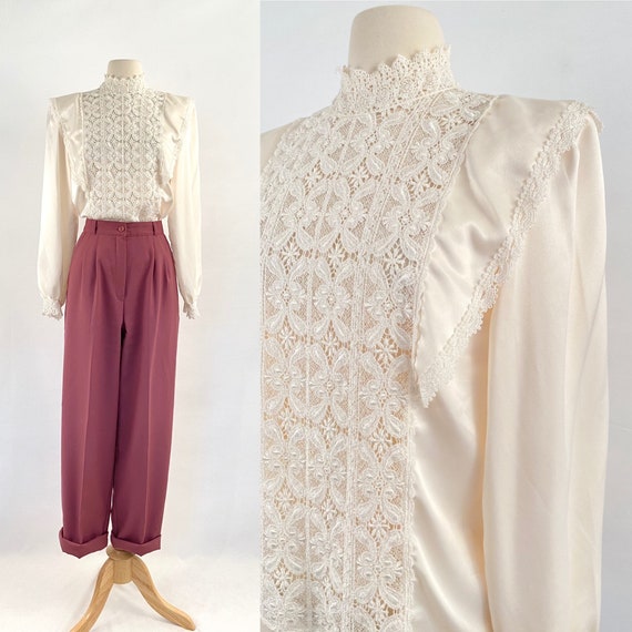 satin ivory Victorian lace blouse | 70s vintage