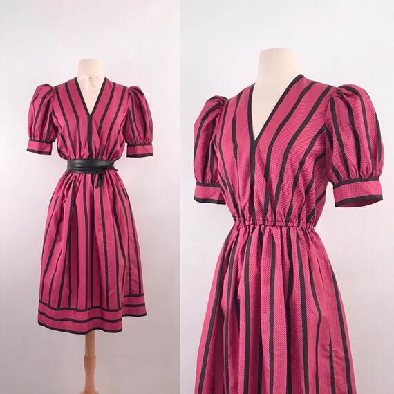 vintage puff sleeve striped dress | 80s vintage