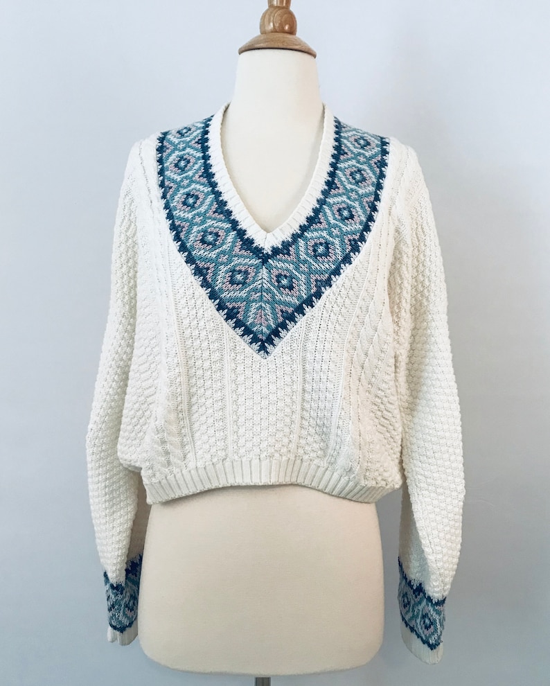 90s White Preppy Sweater Vintage Loose Fit Sweater