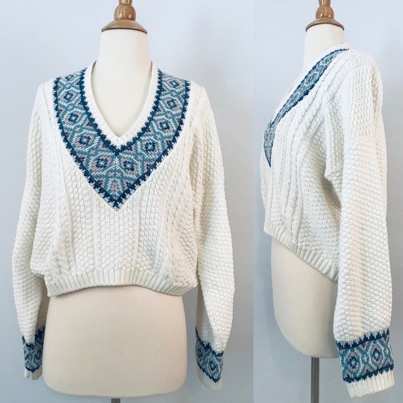90s White Preppy Sweater Vintage Loose Fit Sweater