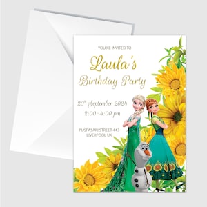 Puede incluir: Una invitación a una fiesta de cumpleaños con los personajes de la película Frozen. La invitación está decorada con girasoles y tiene el texto "You're invited to Laula's Birthday Party" y "20th September 2024 2:00-4:00 pm".
