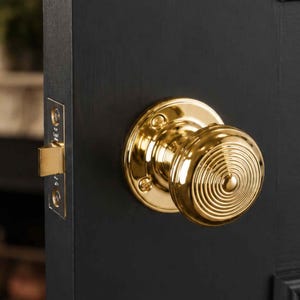 May include: A polished brass door knob with a circular, concentric ribbed pattern mounted on a matte black door. The hardware includes a round base plate secured with visible screws and a rectangular latch plate on the edge of the door frame.