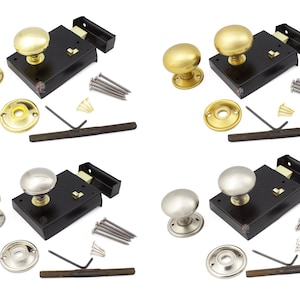 May include: Four sets of door latches with brass and silver-toned knobs, black metal boxes, and mounting hardware. Each set includes a knob, a backplate, a latch box, screws, and a long bolt.