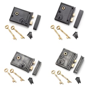 May include: Four sets of antique-style door locks. Each set includes a rectangular, dark-coloured lock, a matching strike plate, two gold-coloured keys, and a set of black screws. The locks have a keyhole and decorative brass accents.