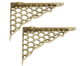 Pair of Solid Brass Small Victorian Honeycomb Shelf Brackets - Vintage Antique Wall Support