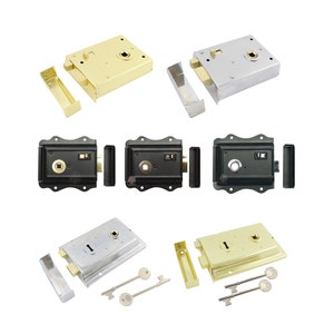 May include: A selection of door locks in gold, silver, and black. The locks are rectangular with a keyhole and a latch. Some locks include keys and a strike plate. The image is on a white background.
