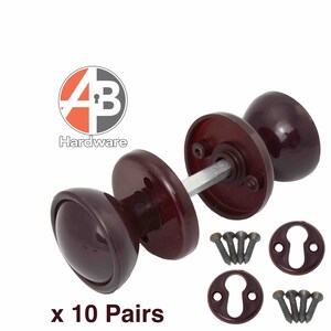 May include: Ten pairs of dark brown door knobs, each with a matching backplate and screws. The knobs are rounded and glossy. The image includes the "AB Hardware" logo and the text "x 10 Pairs".