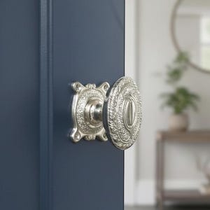 Polished Nickel Floral Rim Mortice Door Knobs Pair Ornate Decorative Design