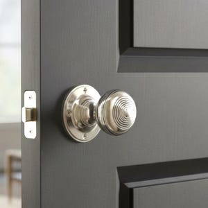 May include: A silver door knob and latch are mounted on a dark grey door. The door knob features a circular design with concentric rings. The latch is rectangular. The door is ajar, offering a view of a room in the background.