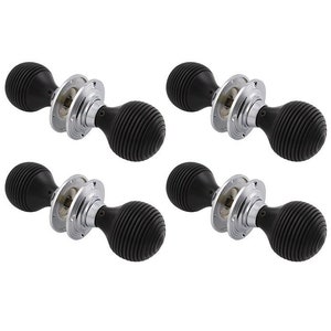 May include: Four black door knobs with a ribbed, bulbous design. Each knob has a polished chrome base and mounting hardware. The knobs are arranged against a white background, showcasing their design and finish.