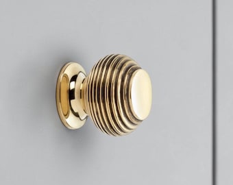 Small Aged Solid Brass Beehive Cupboard Drawer Knob Reeded Victorian