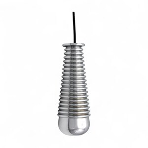 May include: A chrome light pull with a ribbed, cylindrical body and a rounded base. A black cord extends from the top. The pull is designed for use with a light fixture.