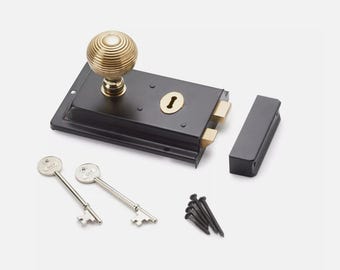 Juego de pomos de puerta de colmena huecos de latón envejecido de 50 mm con cerradura de borde estriado de latón negro