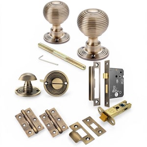 Set of 2 Beehive Door Knob Pairs | Brass and Rim Mortice Lock Handles | Sold as Pair | Antique Brass Door Knobs | Thumbturns & Latches