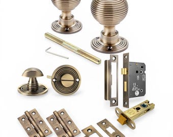 Set of 2 Beehive Door Knob Pairs | Brass and Rim Mortice Lock Handles | Sold as Pair | Antique Brass Door Knobs | Thumbturns & Latches