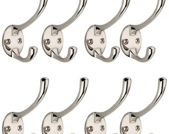 Pack of 8 Polished Nickel Victorian Coat Hooks Solid Lacquered Hat Peg Fixing
