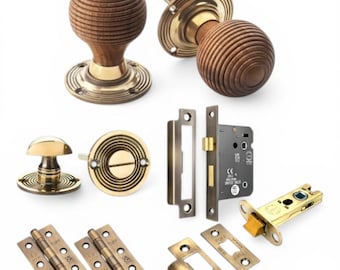 Set of 2 Beehive Rosewood Door Knob Pairs | Brass and Rim Mortice Lock Handles | Sold as Pair | Aged Brass Door Knobs | Thumbturns & Latches