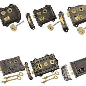 May include: A selection of antique door locks in various designs. The locks have a dark metallic finish with brass accents, including keys, latches, and decorative elements. The image showcases different shapes and sizes of the locks.
