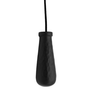 May include: A black light pull with a textured, teardrop shape, hanging from a black cord. The design is simple and elegant. Suitable for bathrooms or bedrooms. The pull measures approximately 10 cm in length.