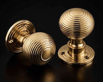 Polished Brass Beehive Door Knobs 50mm Rim Mortice