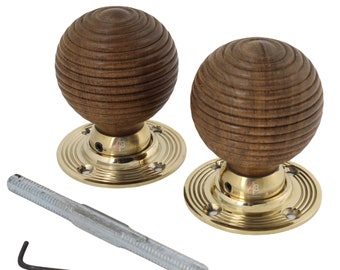 4 Pairs Of Rosewood & Aged Brass Beehive Wood Mortice Rim Door Knob Knobs 09 Uugb